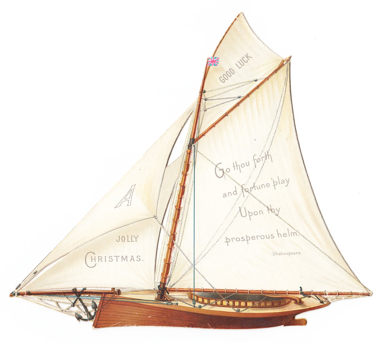 Um postal de Natal vitoriano tridimensional recortado de um barco à vela, c.1880 (litografia a cores) de English School