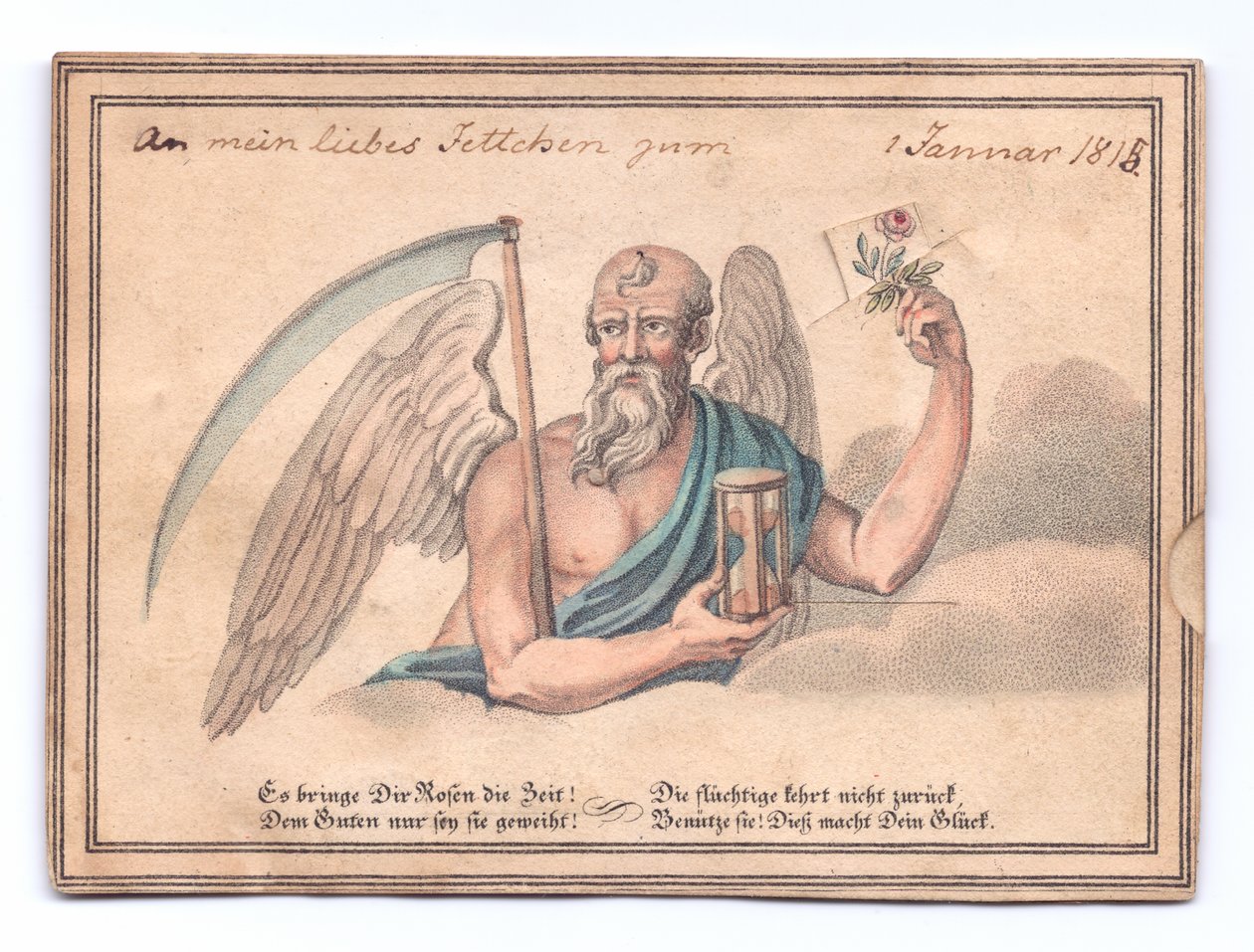 Um cartão de felicitações vitoriano do ceifeiro com uma foice e ampulheta segurando uma rosa, c.1815 (cor litho) de English School