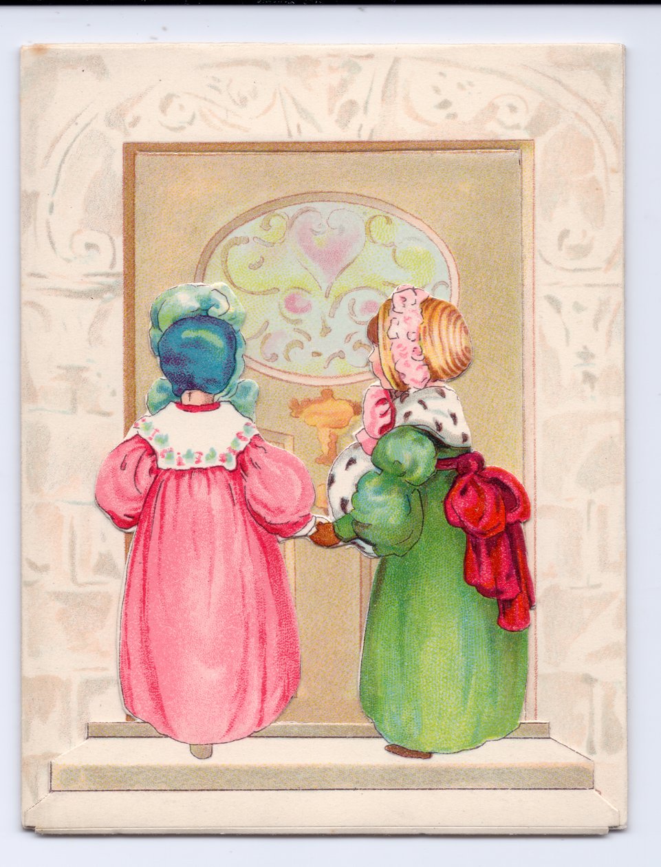 Um cartão de saudação vitoriano de duas crianças com capacete prestes a entrar pela porta da frente, c.1880 (cor litho) de English School