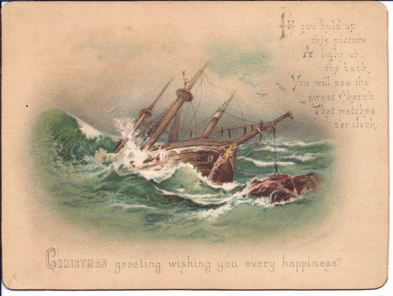 Um cartão de Natal hold-to-light vitoriano de um navio em mar agitado. Quando o cartão é mantido em frente a uma fonte de luz, um anjo da guarda aparece, por volta de 1898 de English School