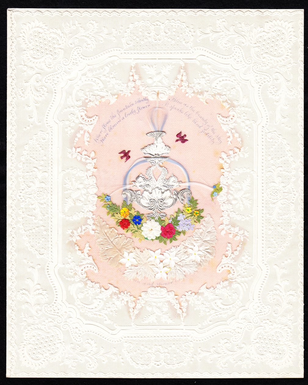 Um cartão de São Valentim vitoriano em papel rendado com uma fonte com flores, c.1870 (litografia a cores) de English School