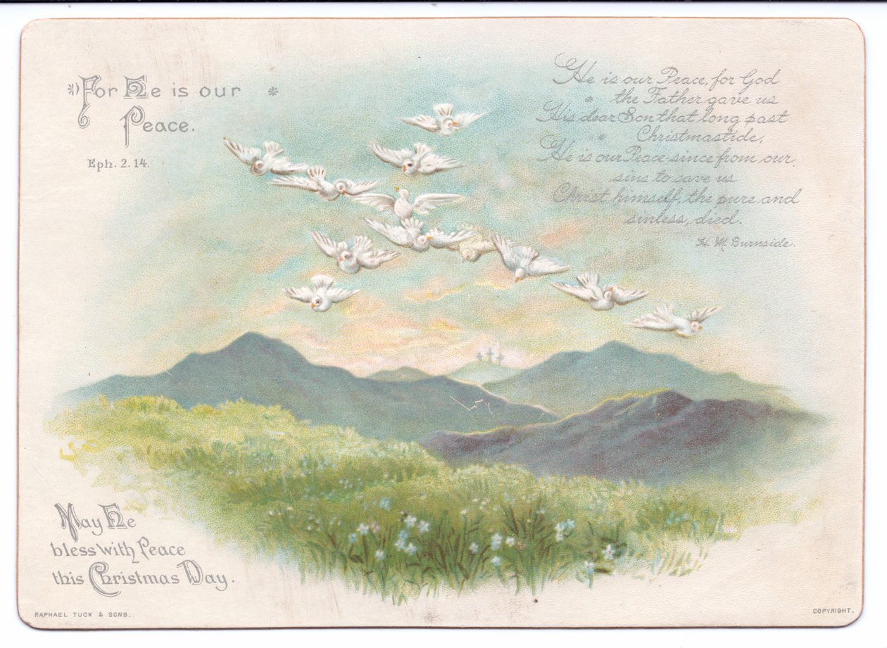 Um cartão de Natal religioso vitoriano de pombas voadoras em forma de cruz, c.1880 (cor litho) de English School