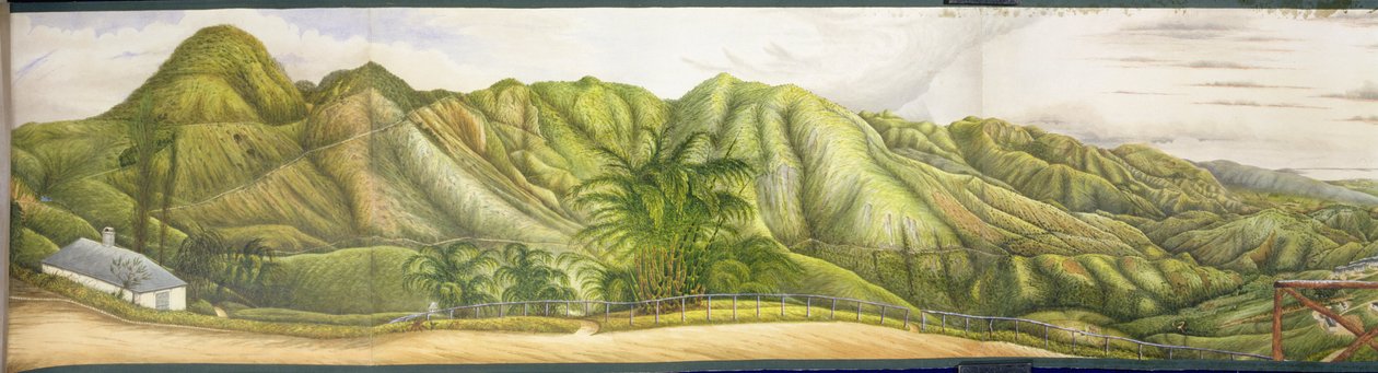 Uma vista para Kingston do sanatório militar em Newcastle, Blue Mountains, Jamaica, 1855 (wc e guache sobre papel colocado na tela) de English School