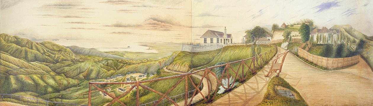 Uma vista para Kingston do sanatório militar em Newcastle, Blue Mountains, Jamaica, 1855 (wc e guache sobre papel colocado na tela) de English School