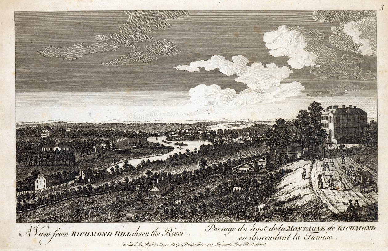 Uma vista de Richmond Hill descendo o rio, imprimida para Robert Sayer Map e Printseller, Fleet Street de English School