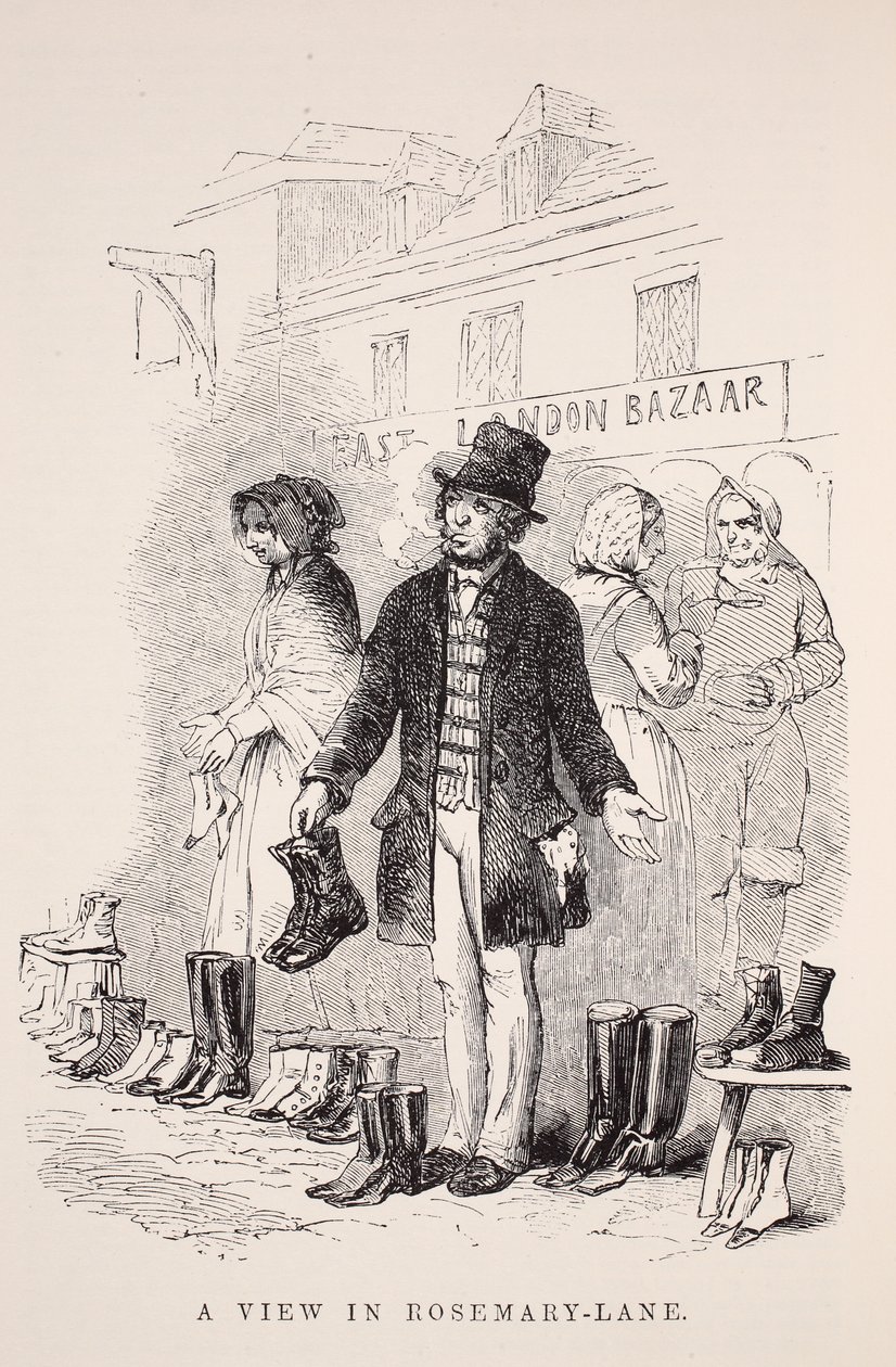Uma vista na alecrim-pista, ilustração do trabalho de Londres e pobre de Londres por Henry Mayhew, bar. 1862 de English School