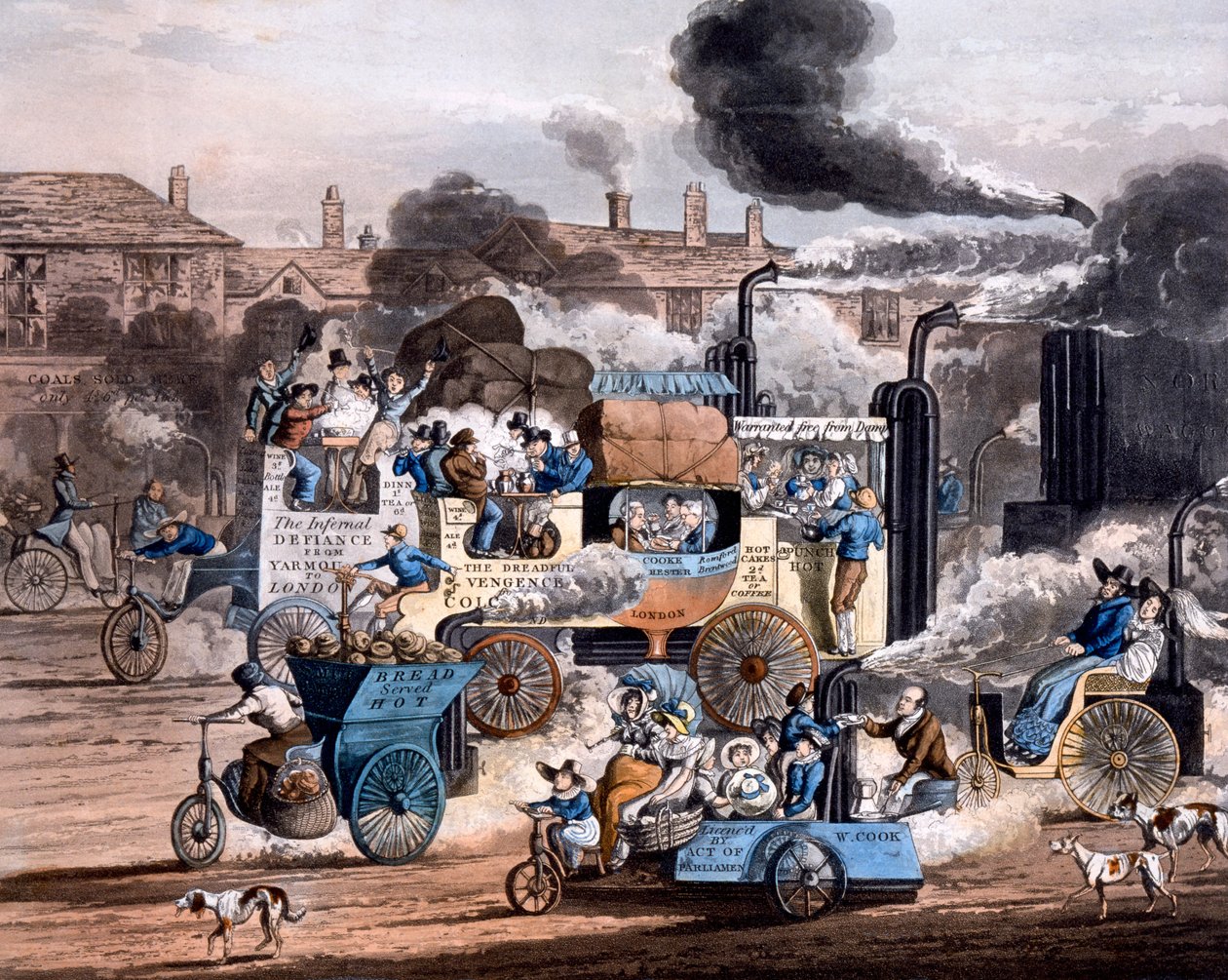 Uma vista na White Chapel Road 1830, de The Progress of Steam - Aikens Ilustração da Modern Prophecy 1828 (aquatinta colorida à mão) de English School