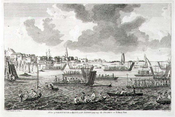 Uma Vista de Gravesend em Kent, com Tropas Passando o Tamisa ao Forte de Tilbury (gravura) de English School