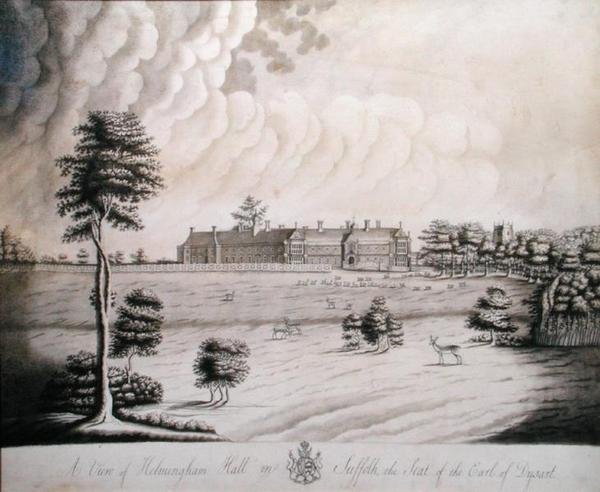 A View of Helmingham Hall in Suffolk, the Seat of the Earl of Dysart (tinta e lavagem cinza sobre papel) de English School