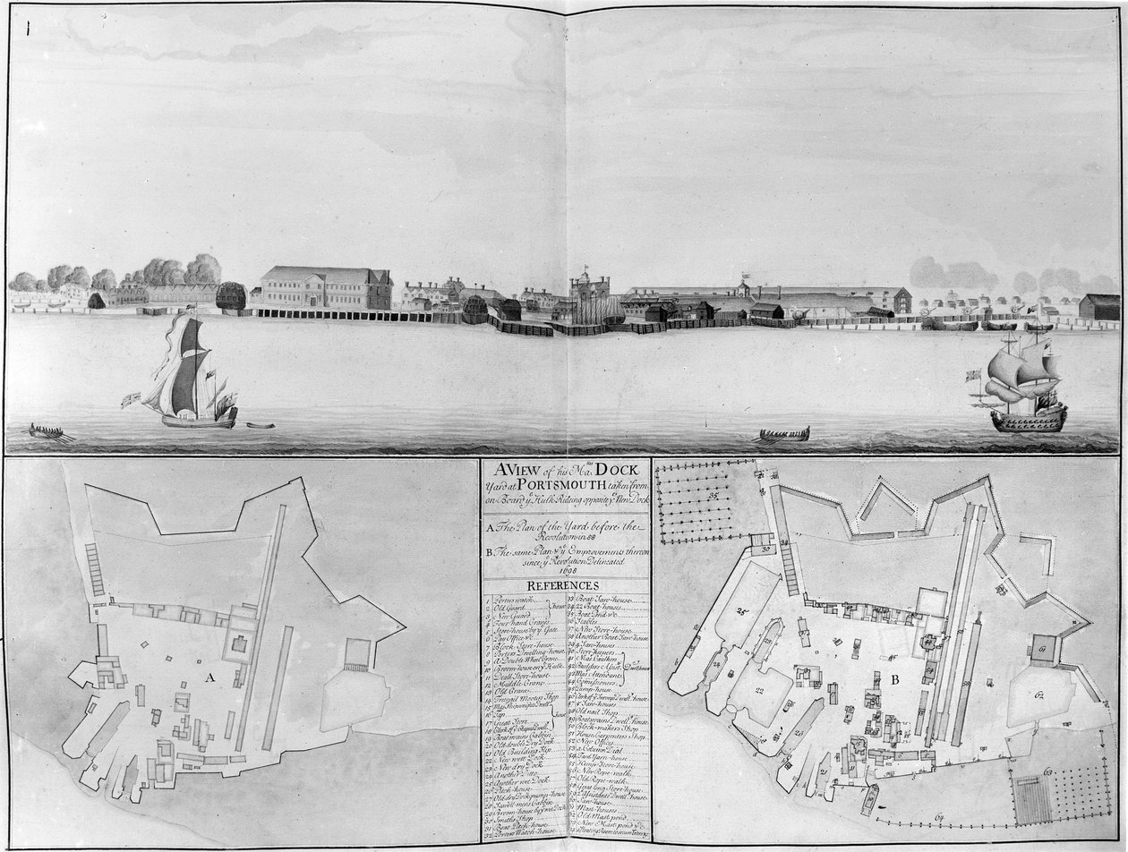 Uma visão de sua majestade Dockyard em Portsmouth, tirada do oposto New Dock, 1698 de English School