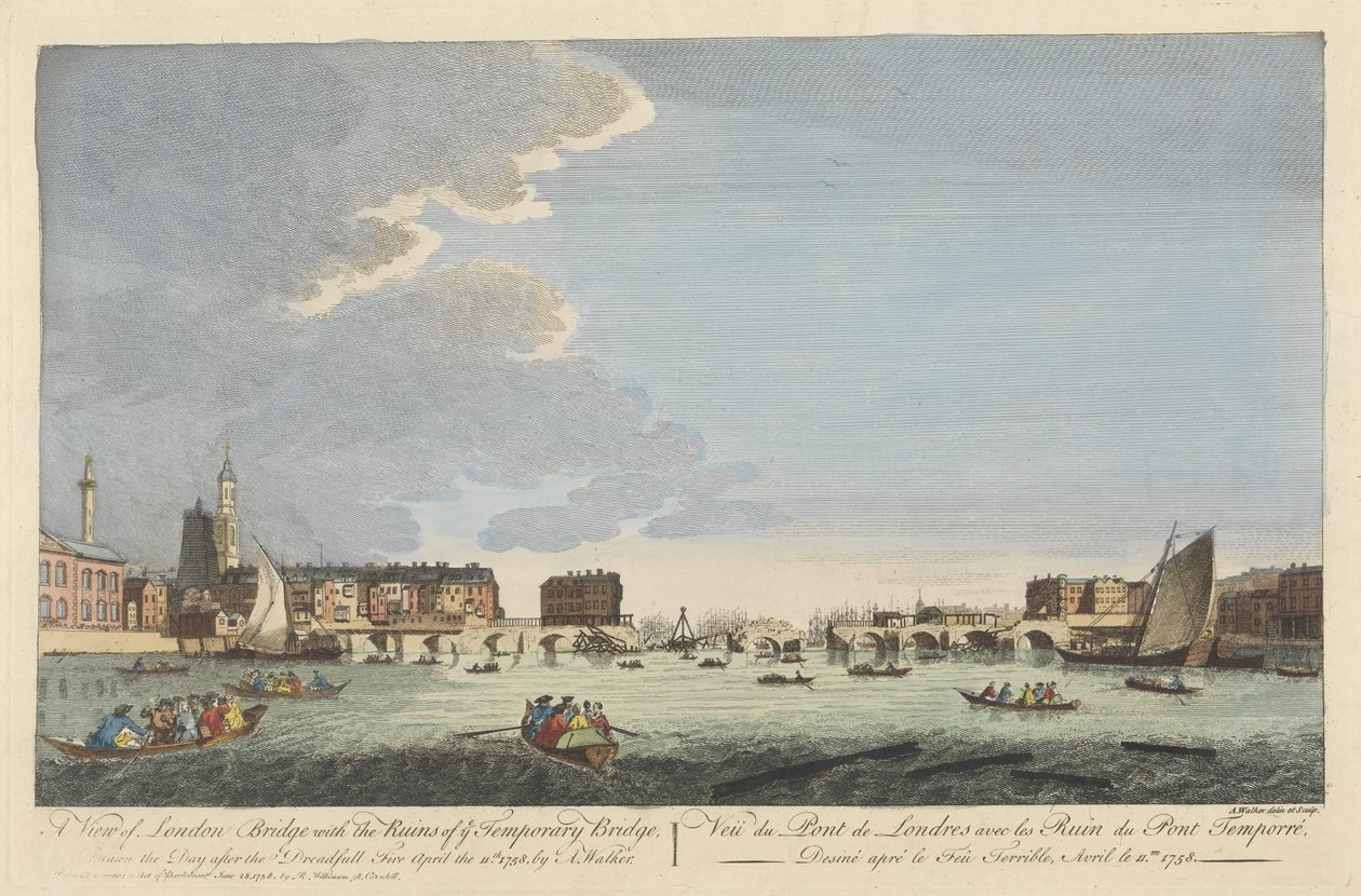 Uma vista da ponte de Londres com as ruínas da ponte temporária após o incêndio de 11 de abril de 1758 (gravura colorida) de English School