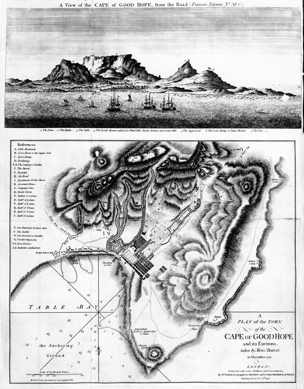 Vista do Cabo da Boa Esperança e um Plano da Cidade do Cabo da Boa Esperança e seus arredores, publicado em 1795 de English School