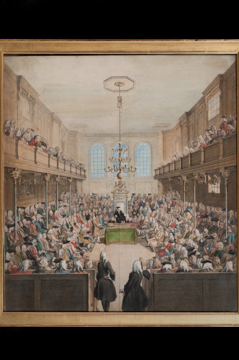 Vista da Câmara dos Lordes, gravada por B. Cole (fl.1748-75) (gravura colorida à mão) de English School