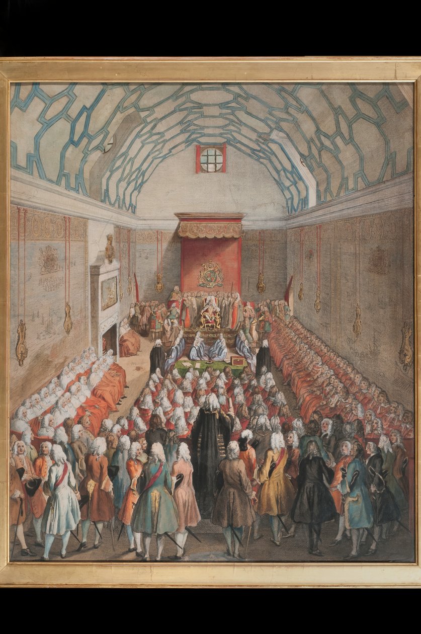 Vista da Câmara dos Lordes, gravada por Benjamin Cole (fl.1748-75) c.1755 (gravura colorida à mão) de English School