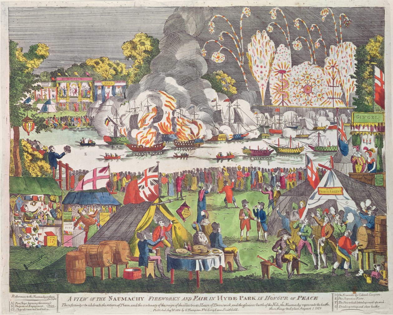 Uma vista do Naumachy, fogos de artifício e feira no Hyde Park em honra da paz, publicado por G. Thompson, 1814 de English School