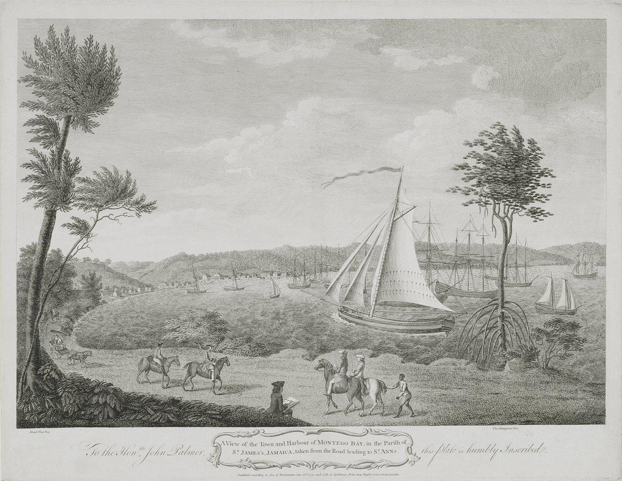 Uma vista da cidade e do porto de Montego Bay, na paróquia de St. James, Jamaica, tirada da estrada que leva a St. Ann&39;s, de "Spilsbury&39;s Views of Jamaica", 1770 de English School