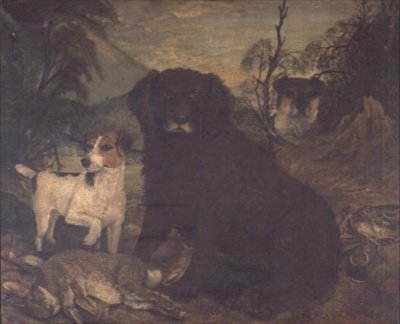 Um Water Spaniel e Dois Jack Russells junto ao saco do dia de English School