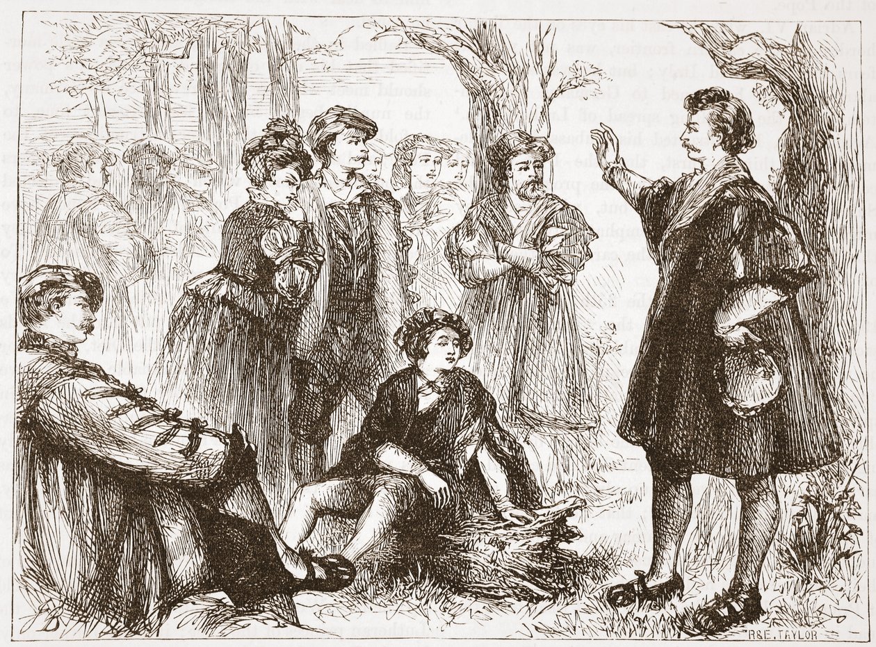 Um estudante de Wittemberg que Preaching no prado da Limão-árvore, ilustração da história do protestantismo por James Aitken Wylie (1808-1890), bar. 1878 de English School