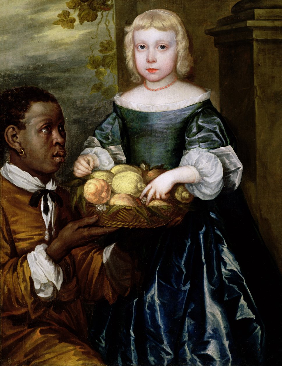 Uma jovem sendo oferecida uma cesta de frutas por um criado, c.1650 de English School