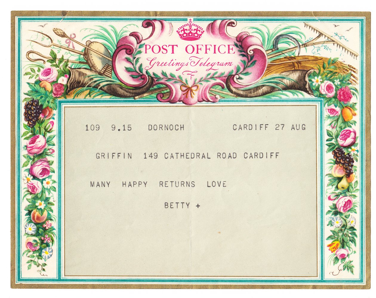 Um telegrama de saudações de aniversário, c.1950 (cor litho) de English School