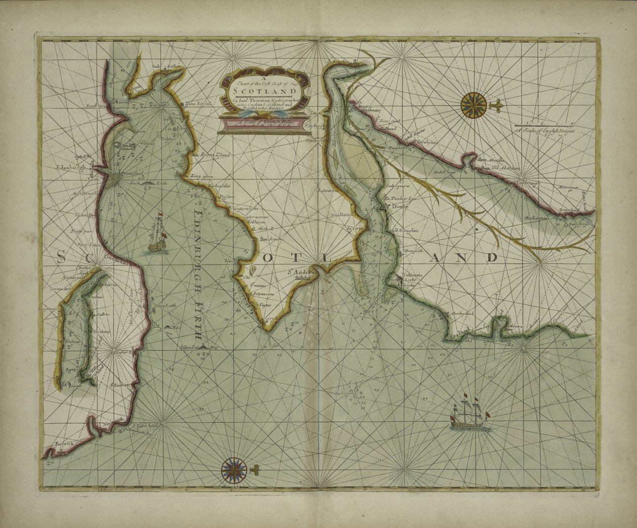 Um mapa da costa leste da Escócia a partir de um atlas marinho contendo uma descrição hidrográfica da maior parte das costas marítimas das partes conhecidas do mundo por Samuel Thornton, 1707 (impressão colorida à mão) de English School