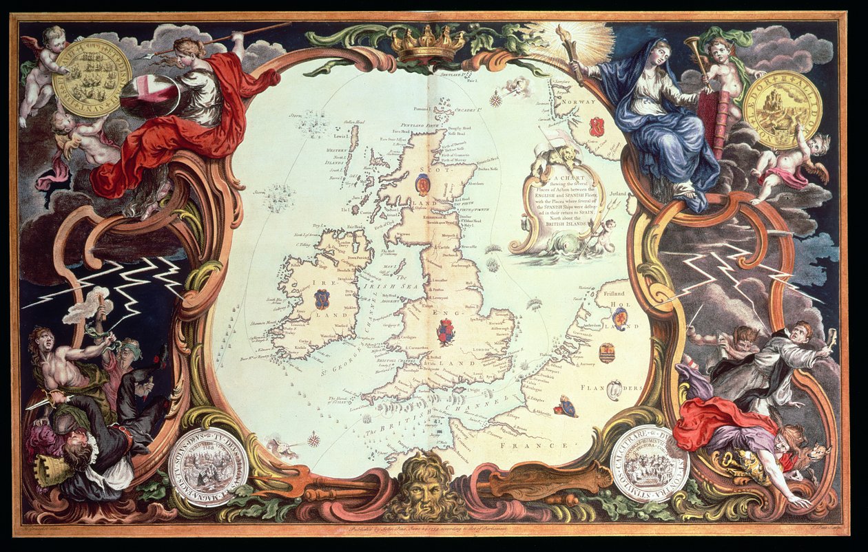 Uma carta que mostra os vários locais de acção entre as frotas inglesa e espanhola, com os locais onde vários dos navios espanhóis foram destruídos no seu regresso a Espanha, publicada em 1739, por John Pine (gravura colorida à mão) de English School