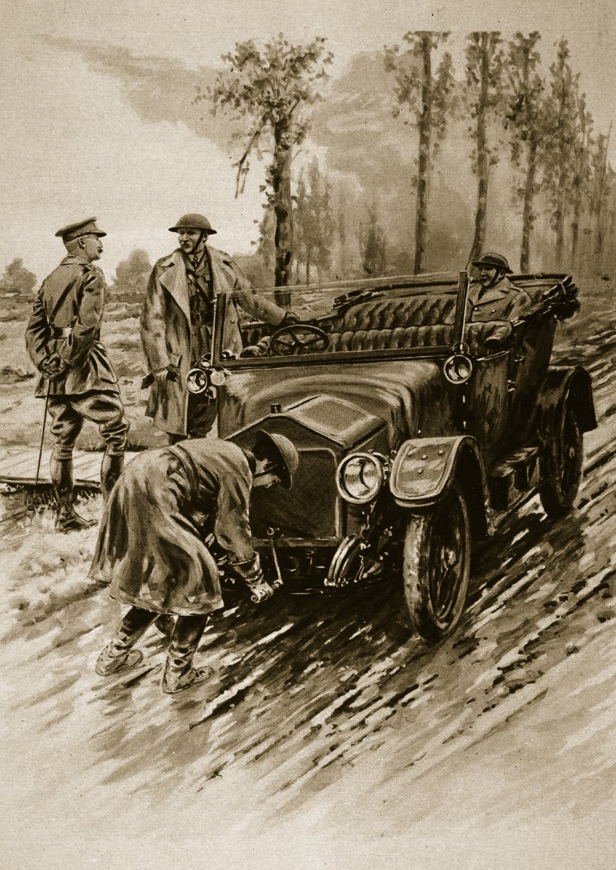 Um chofer do Corpo Auxiliar do Exército das Mulheres iniciando o motor de um carro de oficiais, 1914-19 de English School