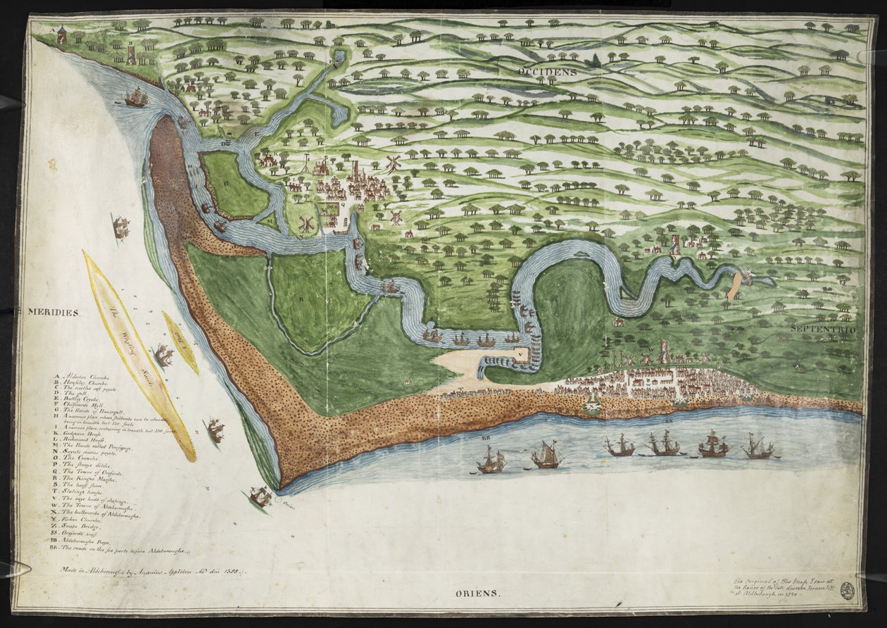 Uma cópia fac-símile colorida da vista de uma ave ou mapa da costa de Suffolk de Alderton a Aldborough, incluindo Orford Ness (vellum) de English School