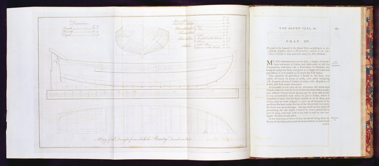 Uma cópia do rascunho do qual o lançamento dos Bountys foi construído, de A Voyage to the South Sea, de William Bligh (1754-1817), gravado por Mackenzie, publicado em 1792 (ver também 174207, 174209) de English School