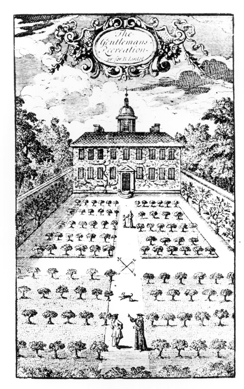 Um jardim de casa de campo, de The Gentlemens Recreation, de John Lawrence, publicado em 1716 de English School