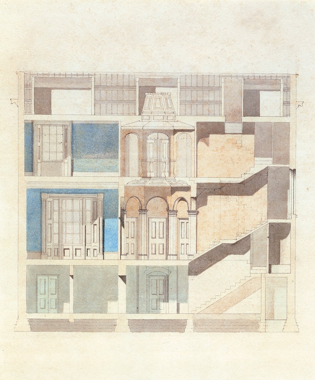 Um projeto de seção transversal para um interior clássico da casa da cidade, c.1840 (wc com caneta e tinta) de English School