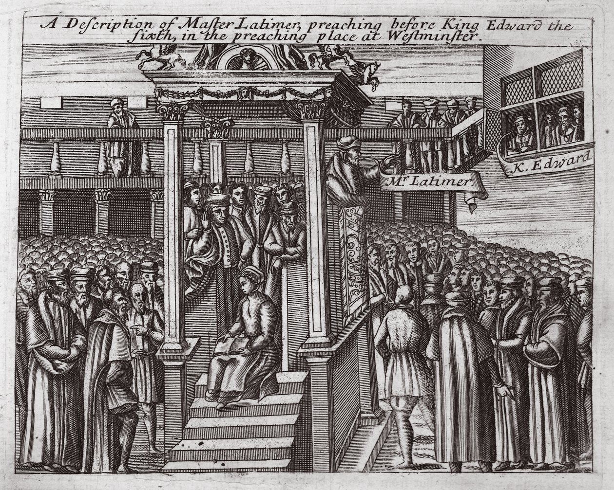 Uma descrição de Mestre Latimer, pregando antes do rei Edward o sexto na pregação em Westminster, ilustração de Atos e Monumentos de John Foxe, nona edição, pub. 1684 de English School