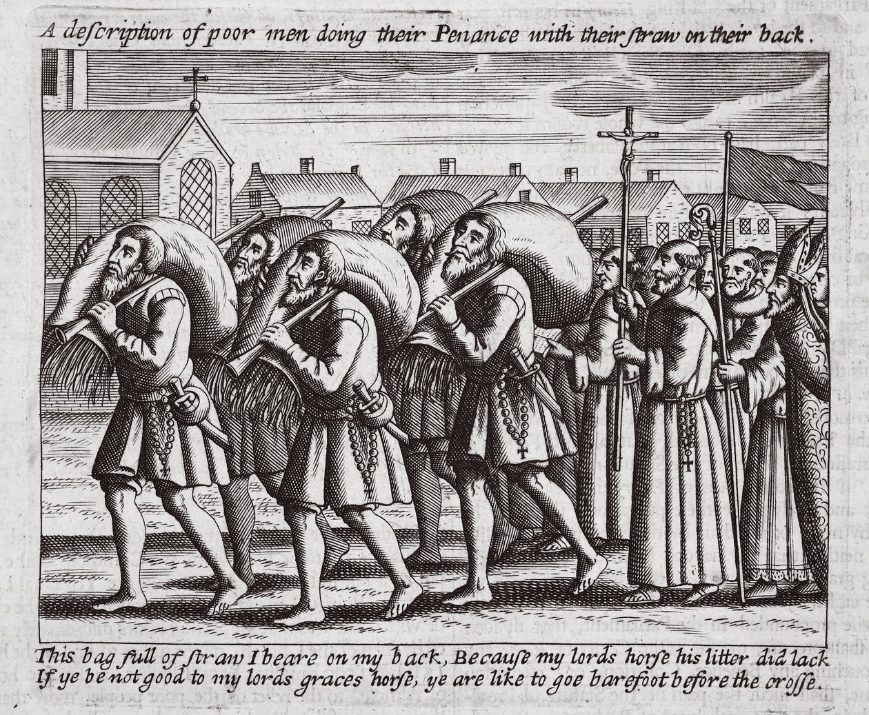 Uma descrição dos homens pobres que fazem sua penitência com sua palha em sua parte traseira, ilustração dos atos e monumentos por John Foxe, nona edição, bar. 1684 de English School