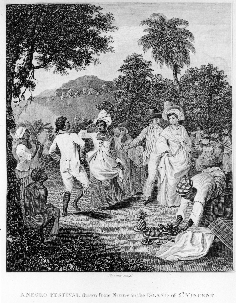 Um festival na ilha de São Vicente, de A História, Civil e Comercial, das Colônias Britânicas nas Índias Ocidentais por Bryan Edwards, gravado por Philipp Audinet, edição revisada de 1794 de English School