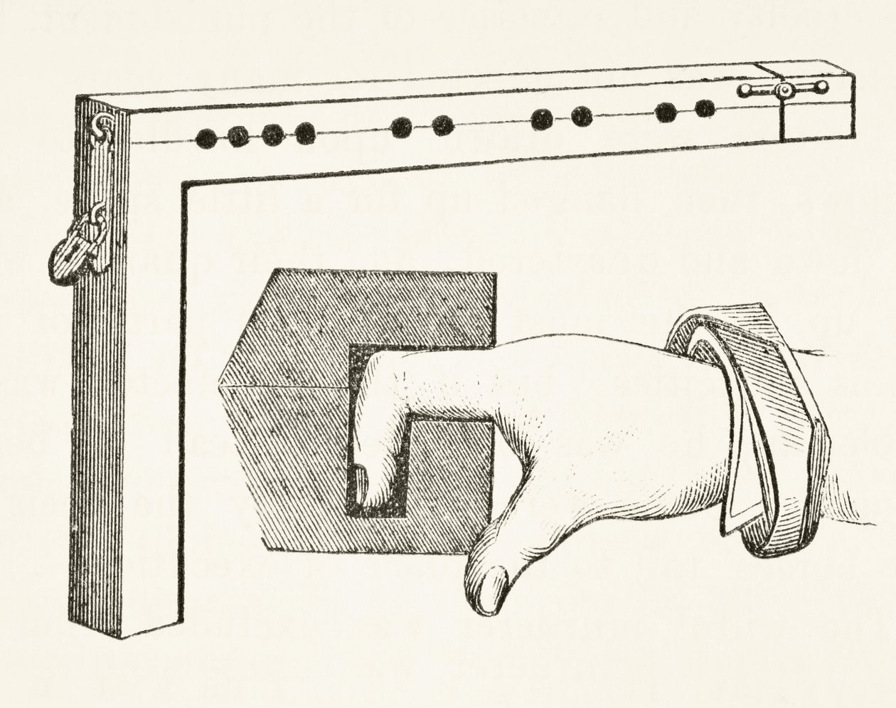 Um pillory dedo, usado no século 15, de "A História Nacional e Nacional da Inglaterra" por William Hickman Smith Aubrey (1858-1916) publicou Londres, c.1890 de English School