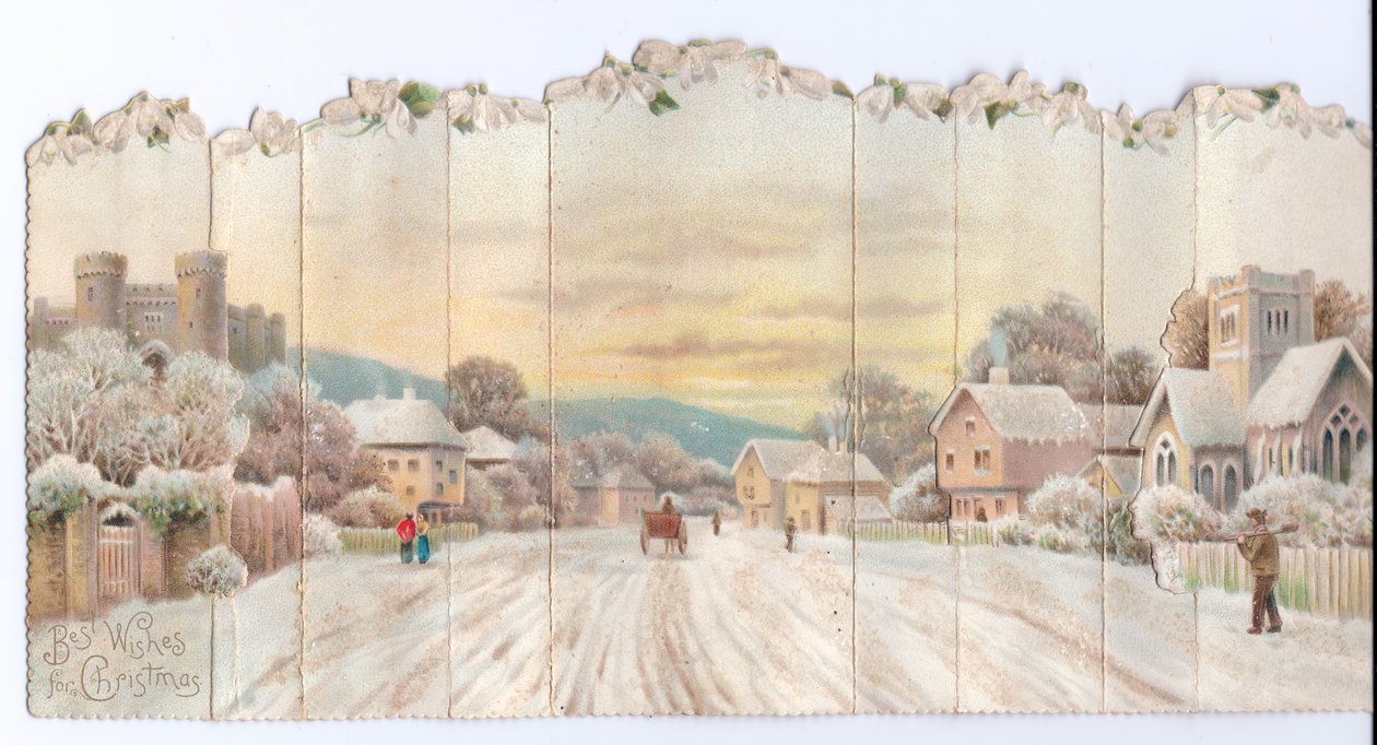 Um concertina dobrável cartão de Natal vitoriano de um castelo e igreja e um homem carregando uma pá na neve, c.1880 de English School
