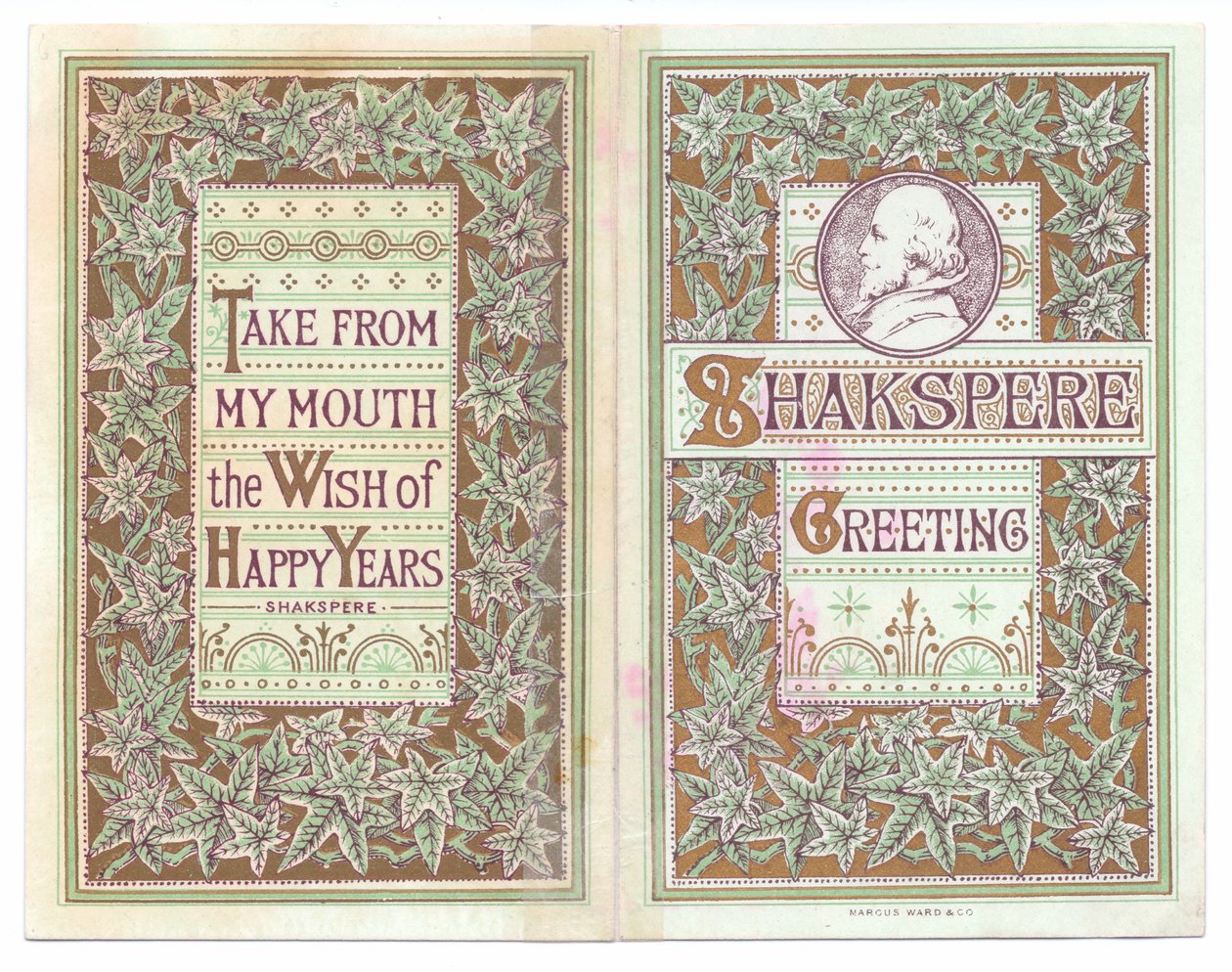Um cartão de saudação vitoriano da capa e do verso de uma imagem de William Shakespeare, c.1880 (cor litho) de English School