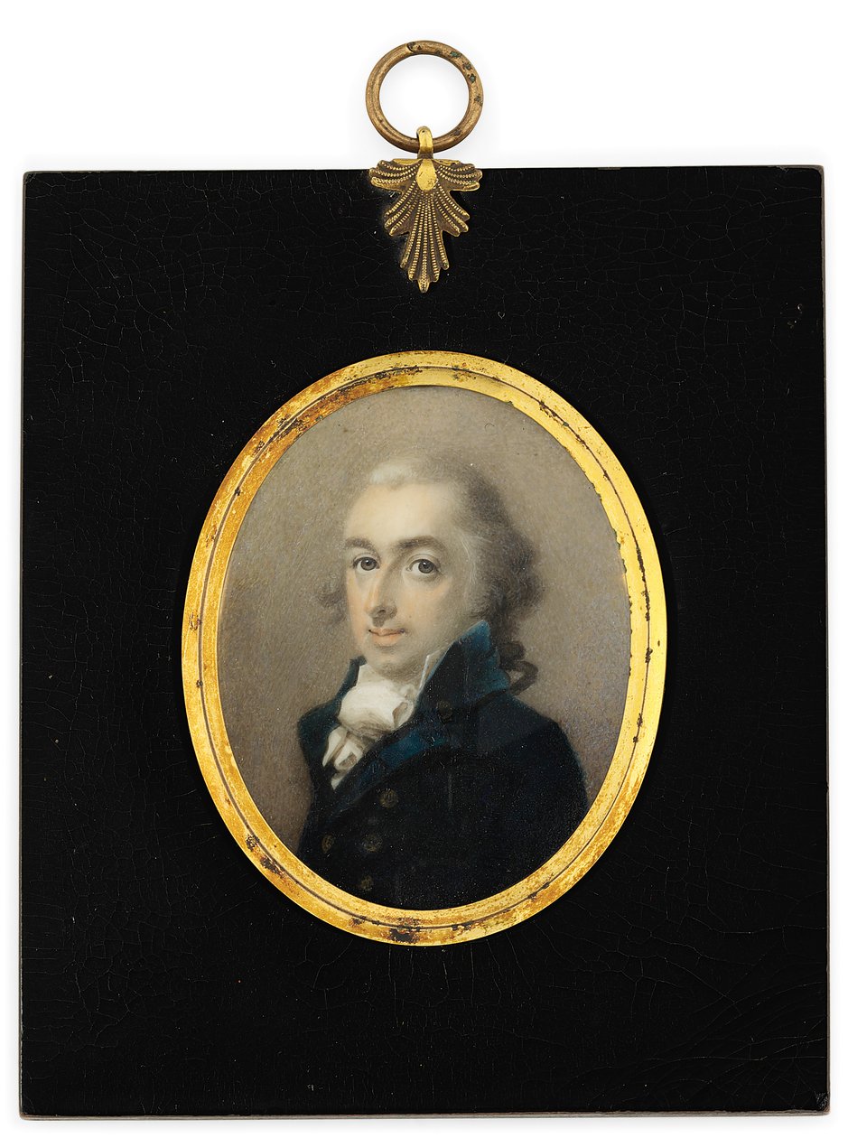 Um cavalheiro chamado Pryce Edwards em casaco azul, gravata branca e peruca em pó (aquarela sobre marfim em moldura de madeira ebanizada) de English School