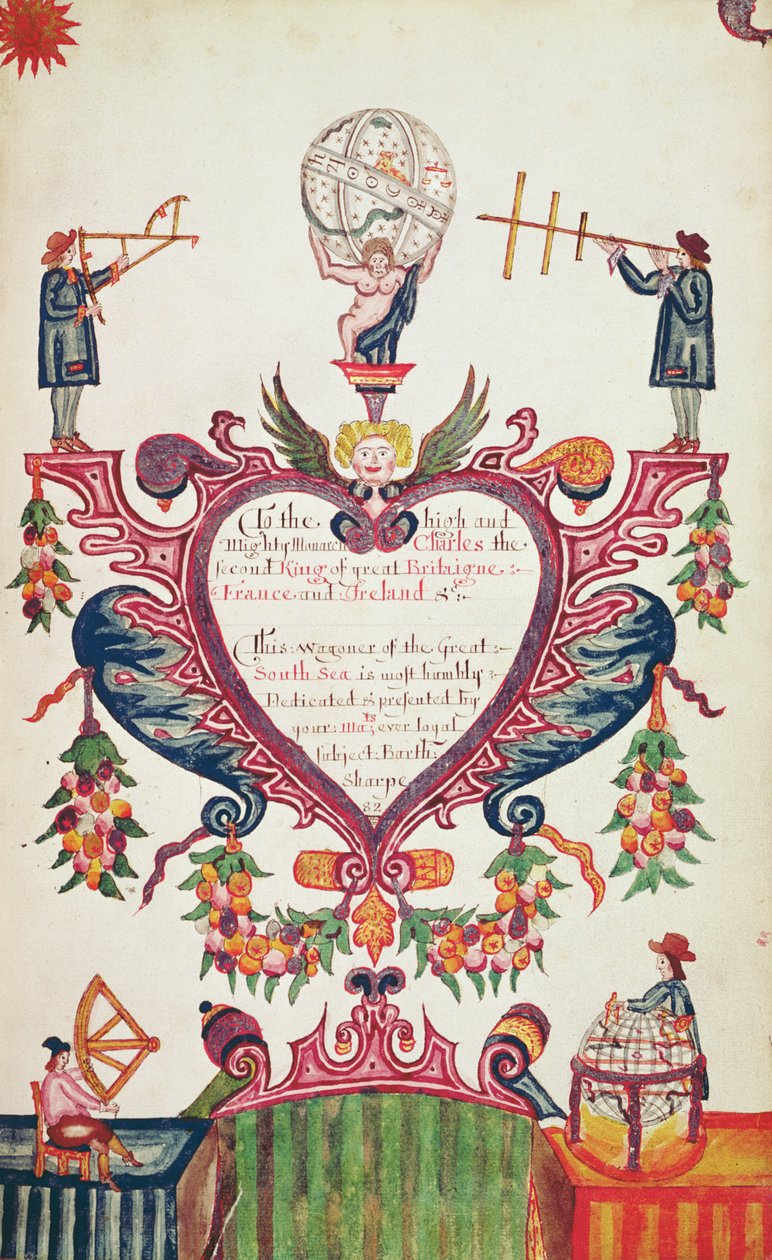 Um presente dedicado a Charles II por Bartholomew Sharp, c.1681 (caneta, tinta e wc) de English School