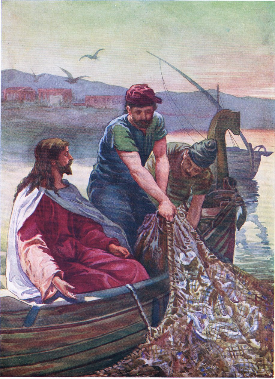 Uma grande quantidade de peixes, de The Bible Picture Book publicado por Thomas Nelson, c.1950 (litografia a cores) de English School