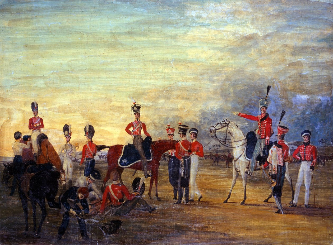 Um grupo de oficiais montados e desmontados e homens da Yeomanry de Yorkshire em várias ordens de vestimenta, c.1820 de English School
