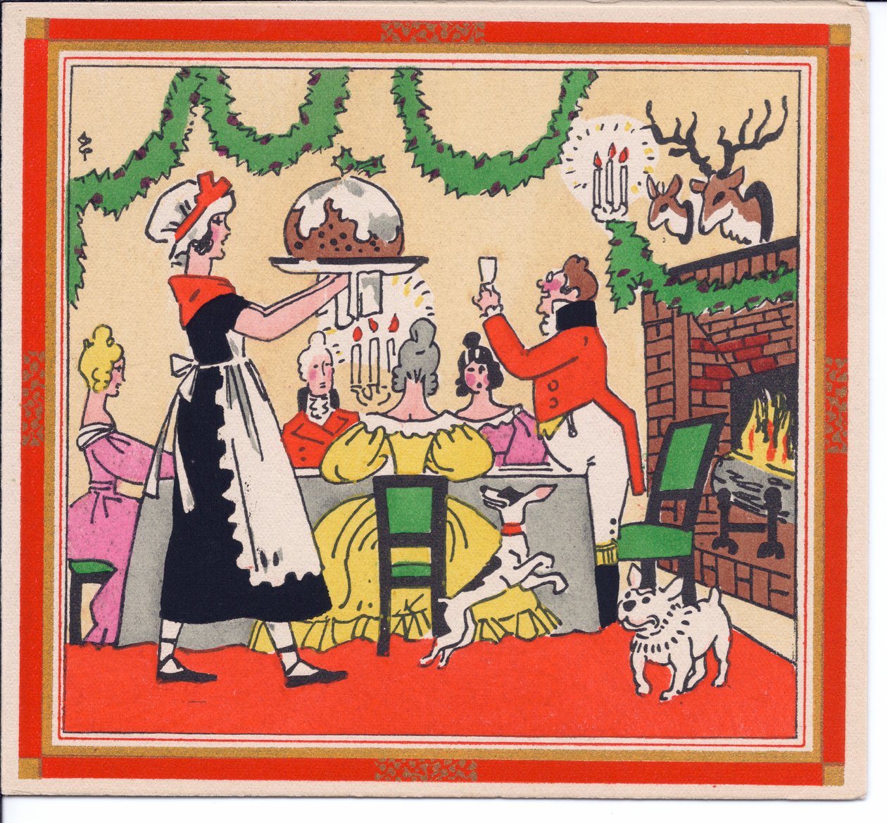Um cartão de Natal francês colorido à mão de uma empregada que serve um pudim de Natal, por volta de 1920 de English School