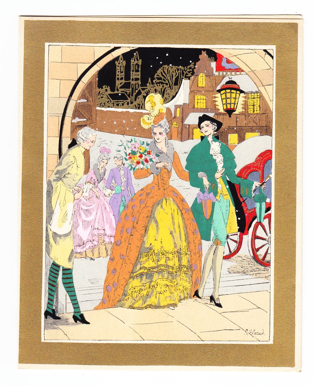 Um cartão de Natal Pochoir francês colorido à mão, representando um lacaio cumprimentando um par de visitantes em um vestido da Regência, por volta de 1920 de English School