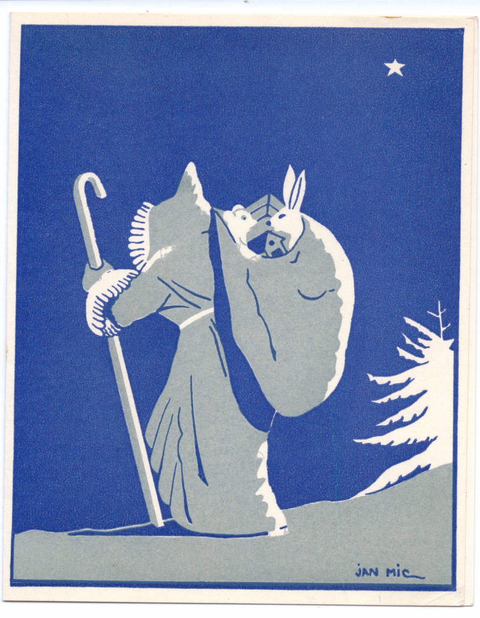 Um postal de Natal Pochoir francês colorido à mão do Pai Natal em silhoutte, caminhando com uma bengala, transportando um saco com um coelho e um urso, cerca de 1920 (stencil) de English School