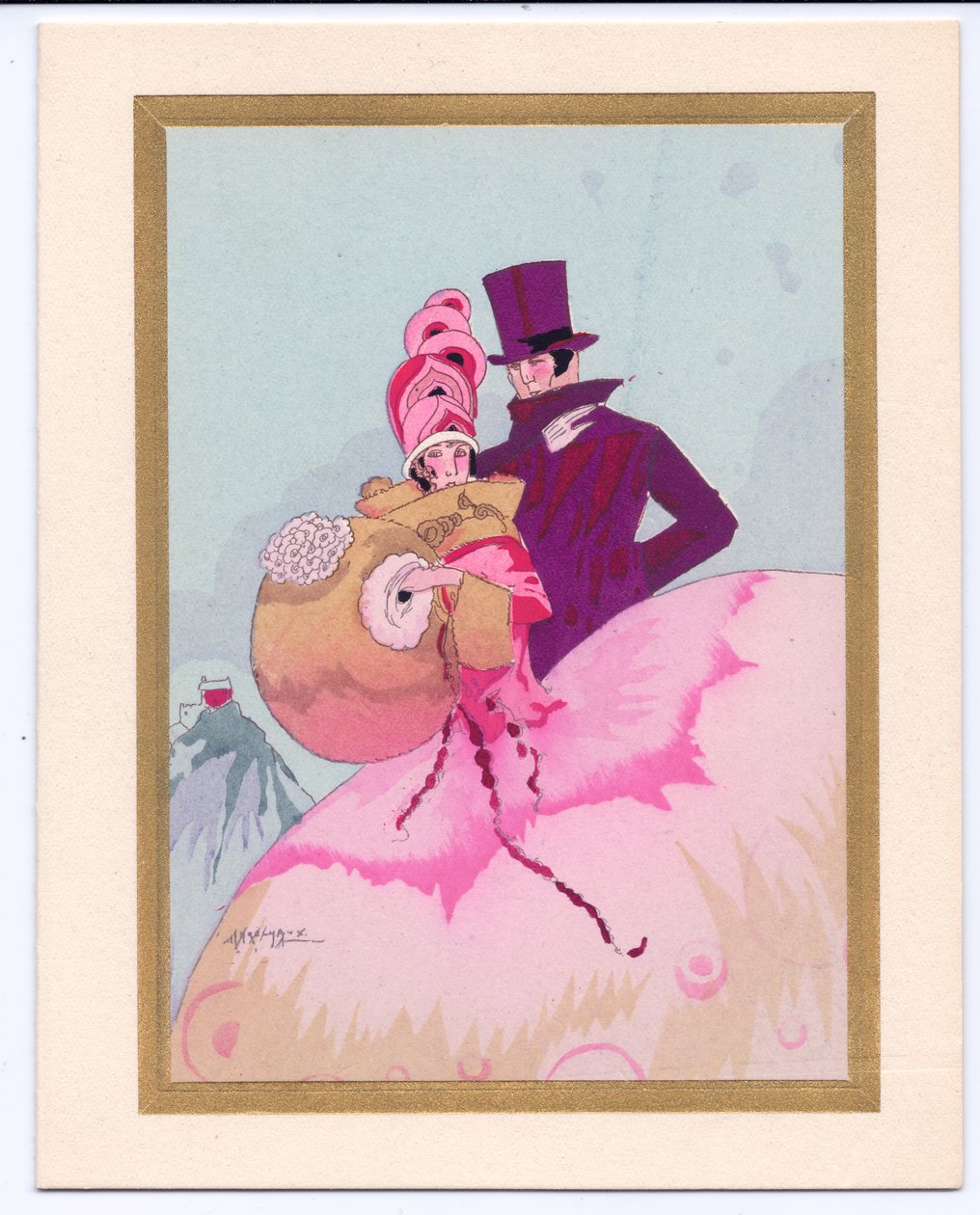 Um cartão de Natal Pochoir francês colorido à mão de uma senhora da Regência um muff, acompanhado por um cavalheiro de cartola, por volta de 1920 de English School