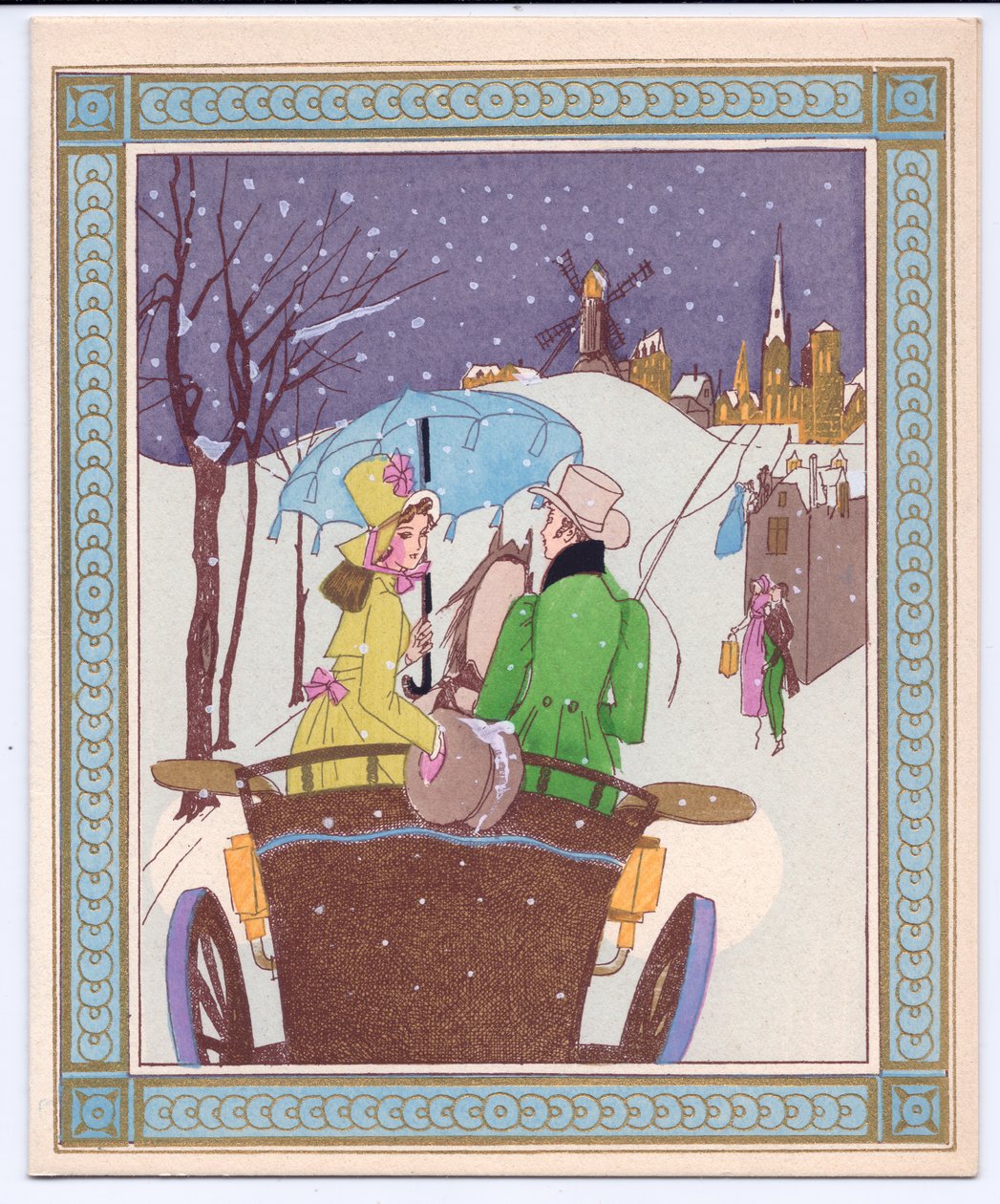 Um cartão de Natal francês Pochoir colorido à mão de um casal Rencecy em uma carruagem aberta andando pela neve, por volta de 1920 de English School