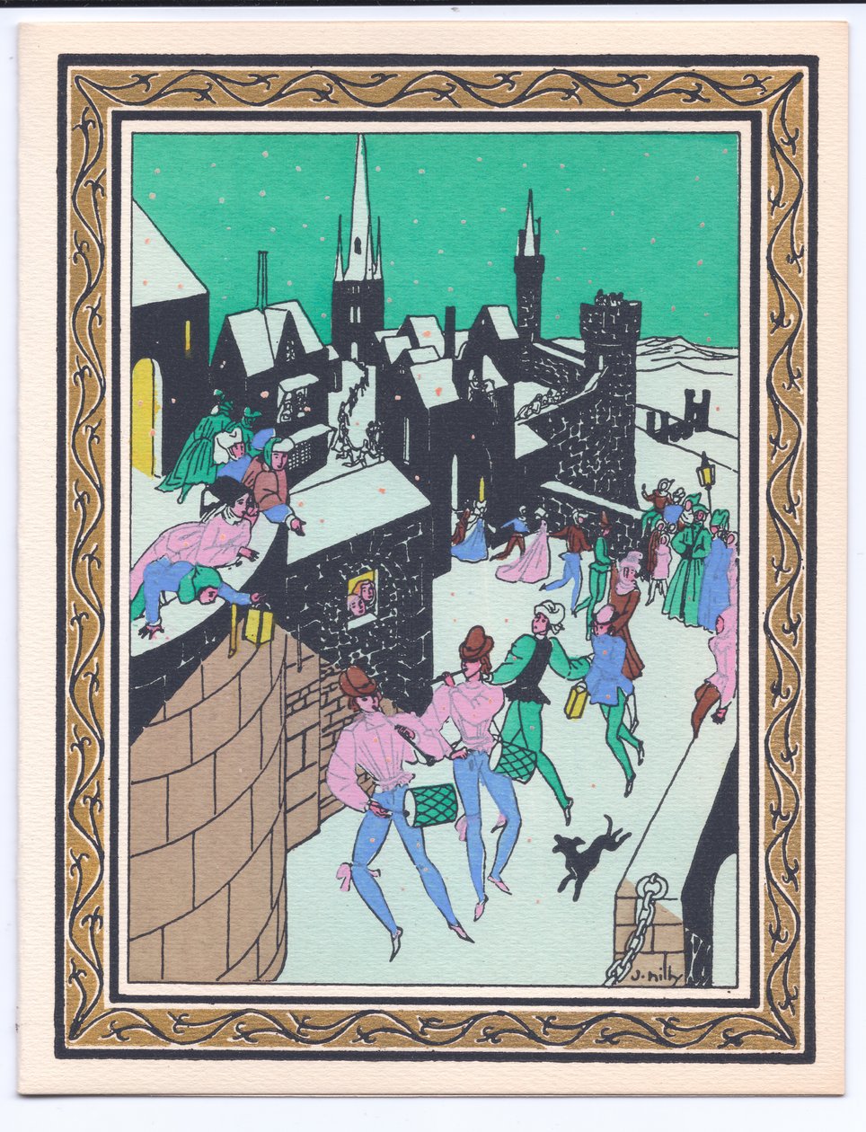 Um cartão de Natal francês Pochoir colorido à mão de um desfile de músicos tocando nas muralhas de um castelo, por volta de 1920 de English School