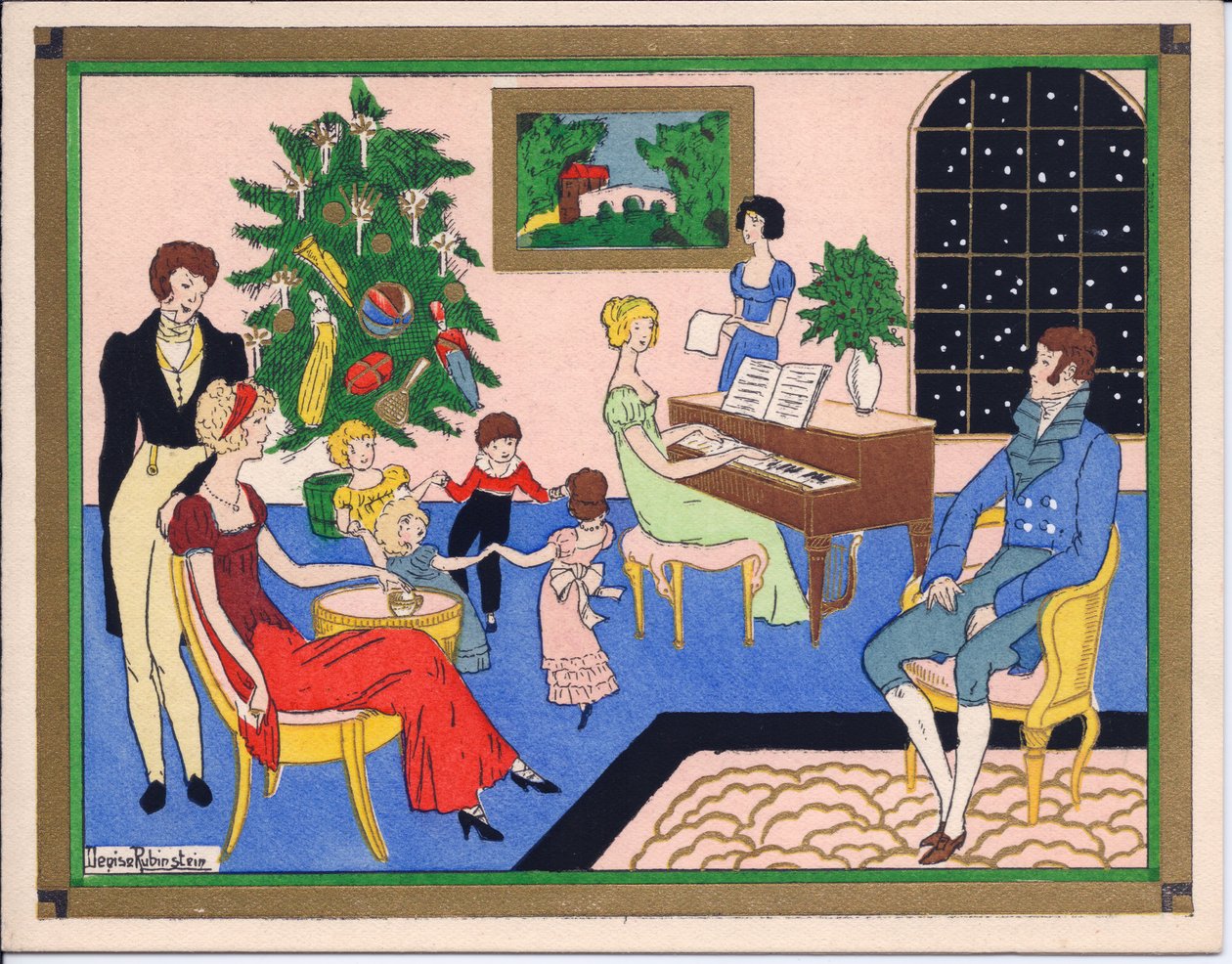 Um cartão de Natal francês Pochoir colorido à mão de uma festa de Natal das famílias Regency, com dança e entretenimento musical, por volta de 1920 de English School