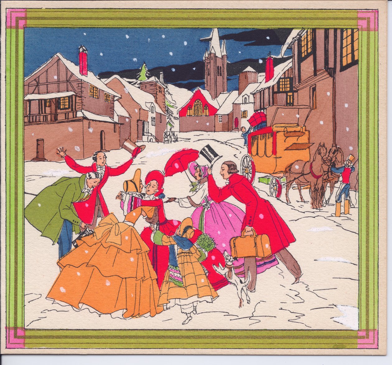 Um cartão de Natal francês Pochoir colorido à mão de um grupo vitoriano de viajantes em trajes de inverno cumprimentando uns aos outros, por volta de 1920 de English School