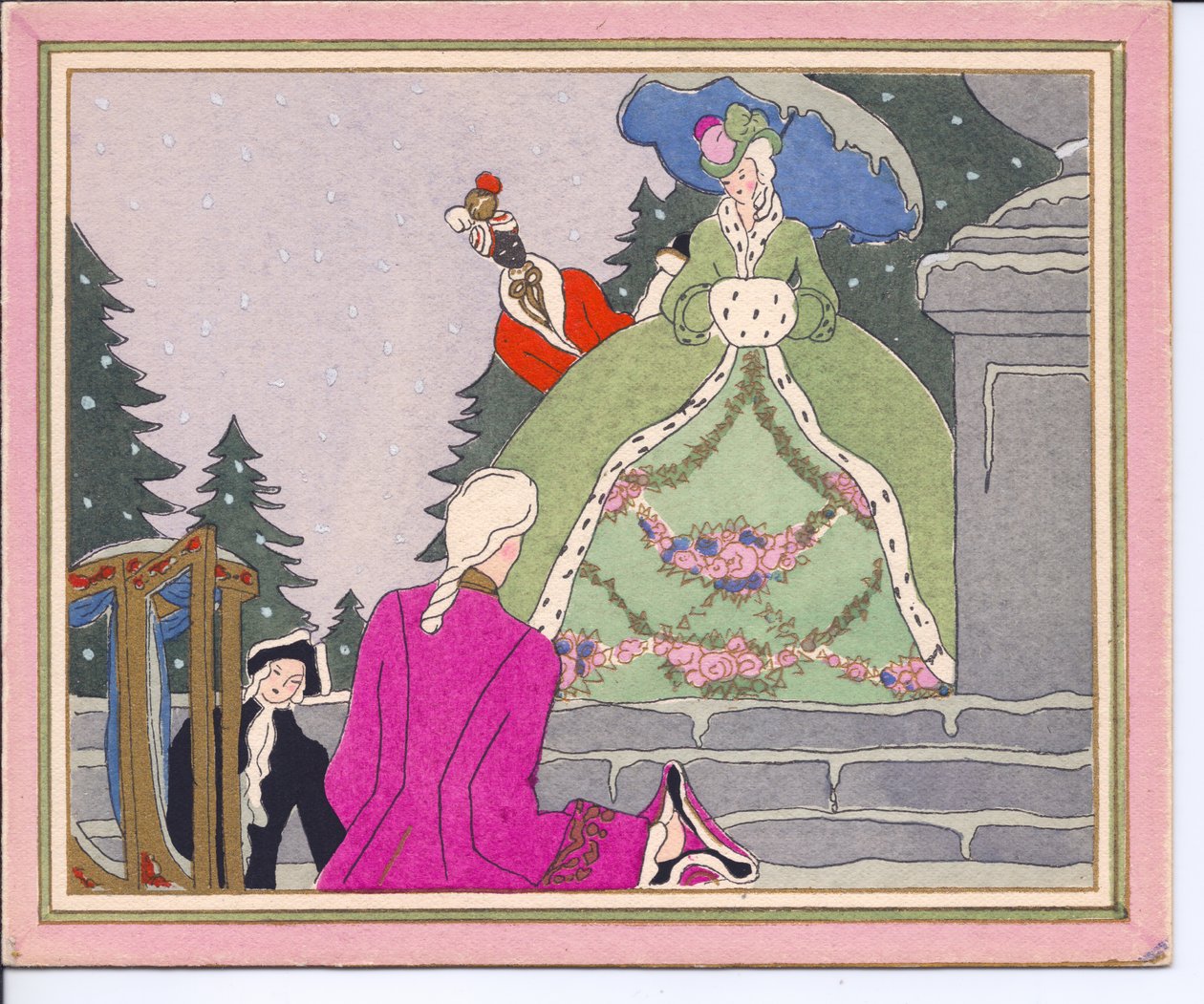 Um cartão de Natal francês Pochoir colorido à mão de um homem de peruca que desce de uma cadeira de sedã e é recebido por uma senhora com um casaco forrado de pele de arminho com seu criado preto, por volta de 1920 de English School